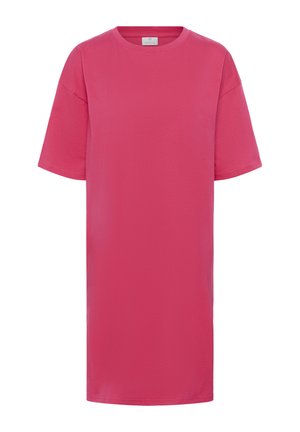 Rosen-farbenes Baumwoll-T-Shirt-Kleid mit Rundhalsausschnitt und kurzen Ärmeln. Bietet eine lockere Passform und einen geraden Saum, einfaches Design ohne Muster.