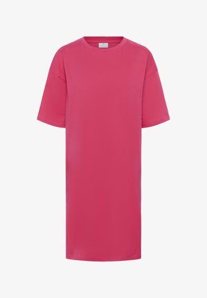 Rosen-farbenes Baumwoll-T-Shirt-Kleid mit Rundhalsausschnitt und kurzen Ärmeln. Bietet eine lockere Passform und einen geraden Saum, einfaches Design ohne Muster.