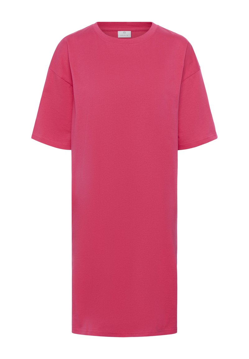 Robe décontractée rose vif à manches courtes, col rond et coupe droite simple, présentée sur fond blanc.
