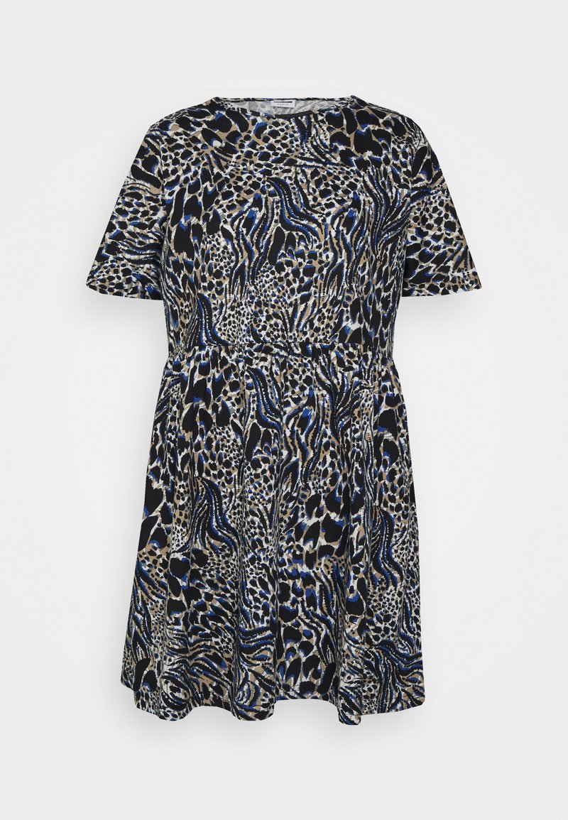 Vestido de manga curta com um padrão animal em preto, azul e bege. Design de saia rodada com decote redondo e corte solto.