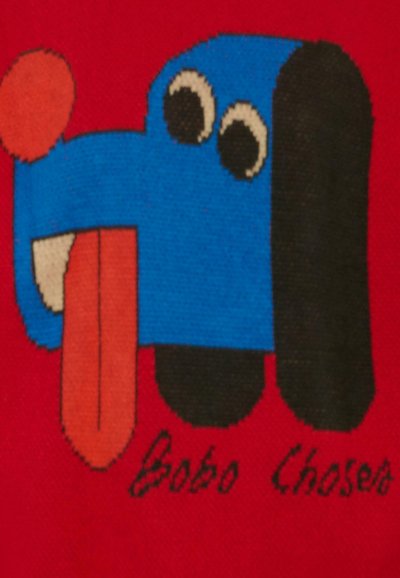 Cane cartoon blu con orecchie nere, lingua rossa e grandi occhi tondi su uno sfondo rosso. Include il testo "Bobo Chosen" in caratteri neri.