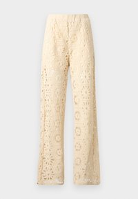 Μπεζ παντελόνι φαρδιάς γραμμής με δαντέλα πλεκτή, με εξαγωνικά ανθικά μοτίβα και ελαστική μέση, εμφανισμένο σε λευκό φόντο.
