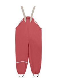 Rode waterdichte overall met beige bretels, elastische manchetten en een reflecterende strook aan de onderzijde van het been. Glad, duurzaam stoffen afwerking.