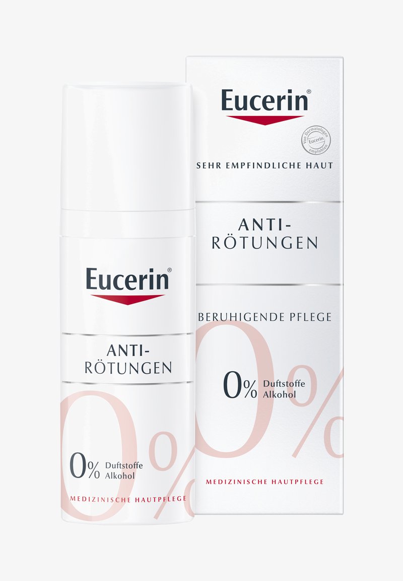 Eucerin Anti-Rötungen Creme mit 0 % Duftstoffen und Alkohol, für sehr empfindliche Haut, beruhigende medizinische Hautpflege in weißer Flasche und Verpackung.