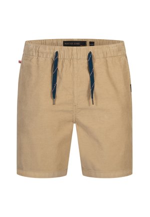 Pantalones cortos de pana en color tierra con cintura adjustable y tirantes azul. Diseño sencillo, corte recto y un acabado de dobladillo limpio.