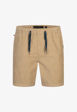 Pantalones cortos de pana en color tierra con cintura adjustable y tirantes azul. Diseño sencillo, corte recto y un acabado de dobladillo limpio.