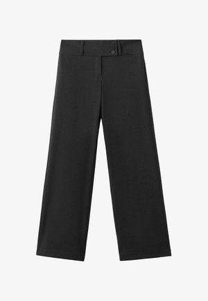 Pantaloni neri a gamba larga con una fascia alta in vita chiusa da tre bottoni sul lato destro.