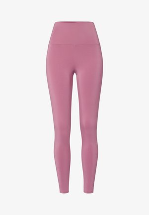 Leggings de tiro alto en color rosa, hechos de un tejido elástico, con una textura suave y un silueteado ajustado sin costuras visibles.