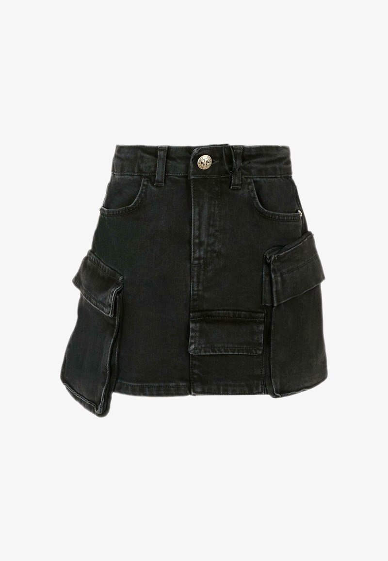 Zwarte denim mini-jurk met een hoge taille, voorzien van twee zijzakken en een knoopsluiting. Glad textuur en een rechte snit.