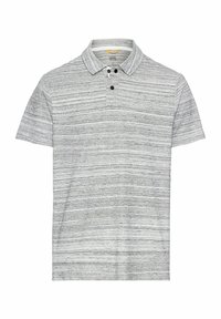 Grå kortærmet polo shirt med et tekstureret stribet design, en krave og tre sorte knapdetaljer ved knapstolpen.