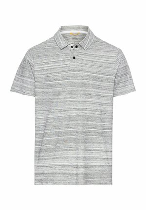 Graues Kurzarm-Polohemd mit strukturiertem Streifendesign, Kragen und drei schwarzen Knopfakzenten an der Knopfleiste.