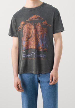Persona con camiseta negra desgastada con formaciones rocosas coloridas del Gran Cañón, cactus y nubes impresas sobre vaqueros azules.