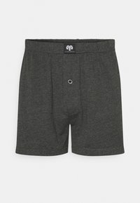Boxer in cotone grigio scuro con elastico in vita, apertura con un singolo bottone e etichetta del logo sulla cintura. Tessuto liscio, vestibilità comoda.
