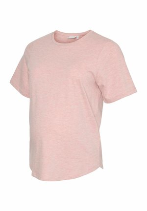 Jasnoróżowy t-shirt z krótkim rękawem i okrągłym dekoltem, o lekko luźnym kroju, wyeksponowany na jednolitym białym tle.