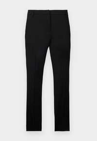 Pantalon habillé noir sur mesure avec passants pour ceinture, fermeture éclair à l'avant et jambes droites et ajustées, présenté sur un fond blanc uni.