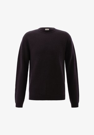 Dunkellila strukturierte Strickjacke mit langen Ärmeln, Rundhalsausschnitt sowie gerippten Bündchen und Saum, auf einem weißen Hintergrund präsentiert.