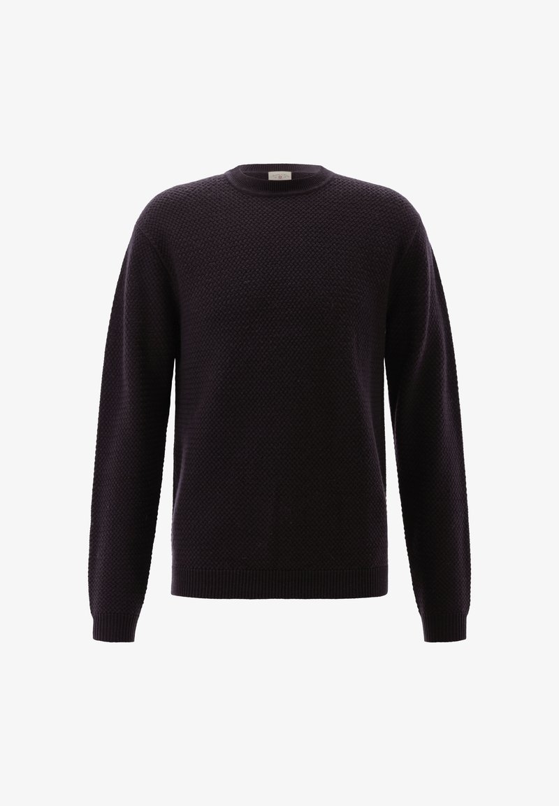 Dunkellila strukturierte Strickjacke mit langen Ärmeln, Rundhalsausschnitt sowie gerippten Bündchen und Saum, auf einem weißen Hintergrund präsentiert.