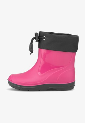 Roze rubberen regenlaars met een zwarte stoffen manchet, strakker te maken met een trekkoord, ronde neus en een gestructureerde zool voor grip en stabiliteit.