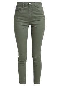 Jeans skinny taille haute vert olive en tissu extensible lisse avec cinq poches et une fermeture à bouton sur le devant. Pas de motifs ni d'accents visibles.