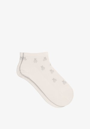 Knöchelsocken aus weicher weißer Baumwolle mit einem hellgrauen Muster aus kleinen Logos. Glatte Textur und geripptes Bündchen sorgen für einen sicheren Sitz.