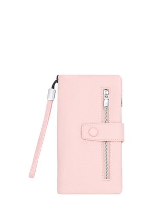 Portafoglio rosa chiaro con texture, dotato di cinturino da polso, tasca frontale con cerniera e patta con chiusura a bottone.