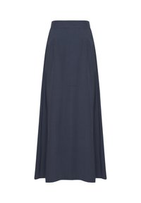 Lunga gonna navy realizzata in tessuto leggero, con vita alta e pieghe sottili, caratterizzata da una silhouette fluida a forma di A.