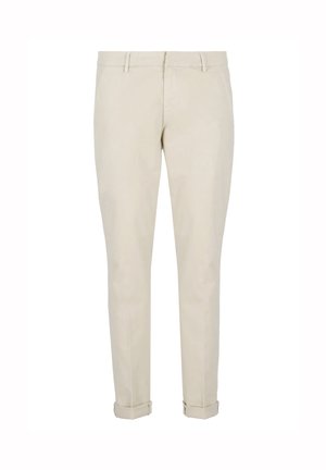 Pantaloni beige a vestibilità slim, realizzati in tessuto liscio. Presentano una parte frontale piatta, passanti per cintura e risvoltini alla caviglia per un look su misura.