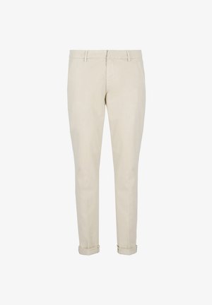 Pantaloni beige a vestibilità slim, realizzati in tessuto liscio. Presentano una parte frontale piatta, passanti per cintura e risvoltini alla caviglia per un look su misura.