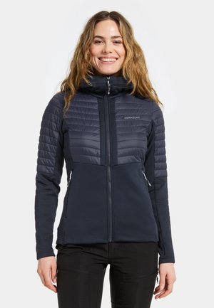 Navy jacket with quilted front panels, high collar, and zippered pockets. Made from mixed materials, featuring a smooth texture and fitted design.