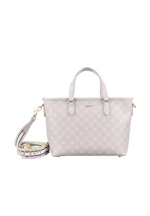 Borsa da donna grigio chiaro di design con doppi manici, motivo logo a pattern e tracolla larga staccabile con il nome del marchio "JOOP!".
