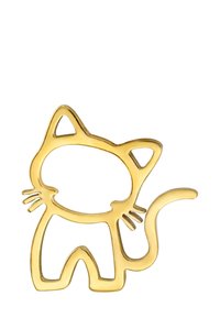 Figura in metallo dorato a forma di gatto con dettagli intagliati, dotata di orecchie a punta, baffi e una coda arricciata. Texture liscia e design minimalista.