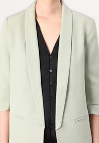 Světle zelený blazer s šálovým límcem a krátkými rukávy, doplněný černou košilí na knoflíky. Hladká textura, žádné viditelné vzory.