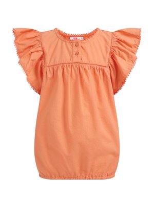 Robe corail orange pour tout-petit avec manches courtes à volants, empiècement boutonné, taille froncée et délicate bordure en dentelle.