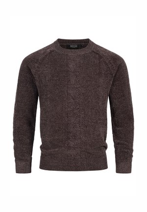 Mørkebrun strikket crewneck sweater med lange ærmer og ribbet krave, manchetter og kant, præsenteret på en hvid baggrund.