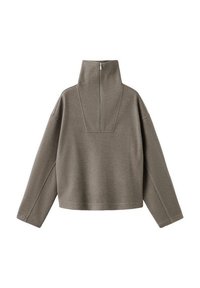 Siv pulover iz mehkega materiala z visokim ovratnikom z zadrgo, padajočimi rameni in skrajšanim krojem. Minimalistični šivi.