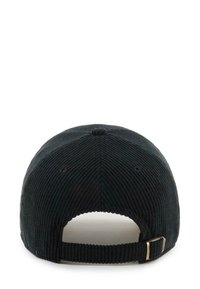 Black corduroy cap featuring a rounded shape, ribbed texture, and a metal buckle adjuster at the back for size customization.