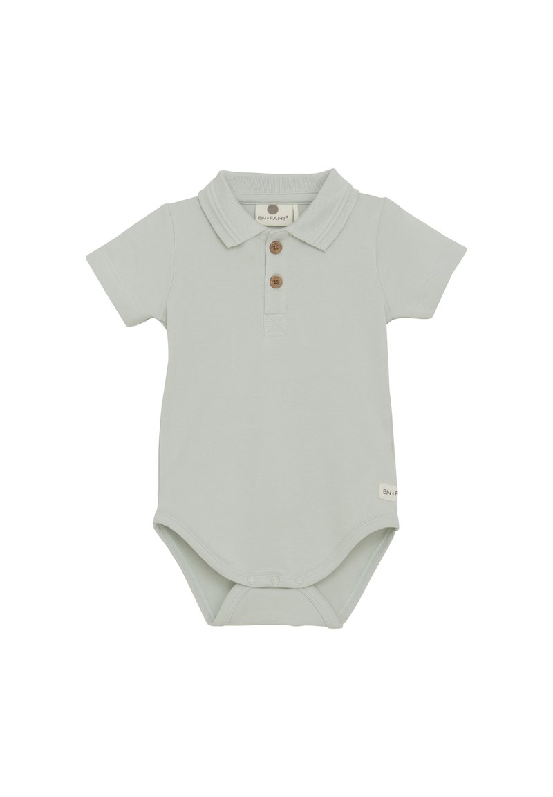 Ljusgrön kortärmad bodysuit med krage, tre träknappar och tryckknappsmaterial i botten. Mjuk bomullstyg.