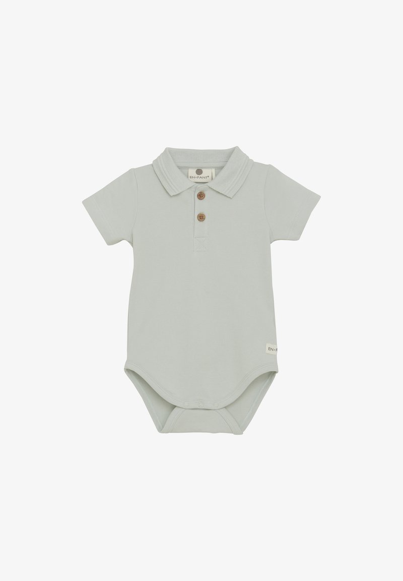 Lys grøn kortærmet bodysuit med krave, tre træknapper og trykknaplukning i bunden. Blødt bomuldsstof.
