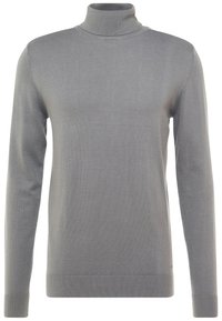 Pull encolure montante à manches longues de couleur gris clair, avec des poignets et un ourlet côtelés, présenté sur un fond blanc.