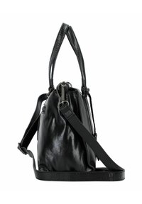 Borsa a tracolla in pelle nera con una forma curvilinea, dotata di manico superiore e di una tracolla regolabile. Texture liscia con dettagli in metallo argentato.