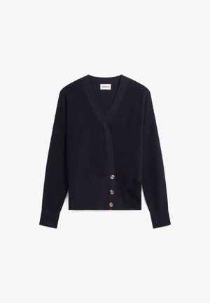 Navy knit cardigan with a V-neck, long sleeves, and four gold-tone buttons down the front. Soft texture with ribbed detailing at the hem.