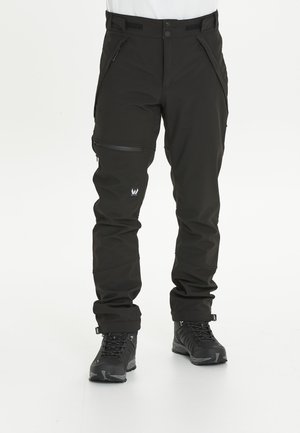 Black outdoor pants with a straight design, featuring zippered pockets, textured fabric, and a logo accent on the left leg.