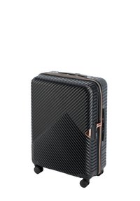 Black hard-shell suitcase with diagonal ribbed texture, rose gold zipper, side handle, and four swivel wheels for mobility.