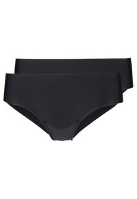 Black bikini briefs, featuring a smooth texture, mid-rise design, and wide sides. Set includes two identical pairs.