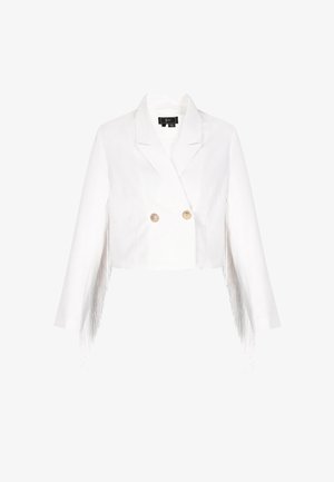Weißer, verkürzter Blazer mit langen Fransen Details, doppelreihigen goldenen Knöpfen und einem Reverskragen. Aus glattem Stoff, figurbetonte Passform.