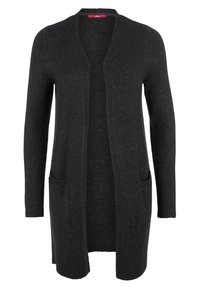 Cardigan grigio aperto davanti realizzato in morbido tessuto a maglia, con due tasche frontali, maniche lunghe e una vestibilità dritta con orlo a coste.