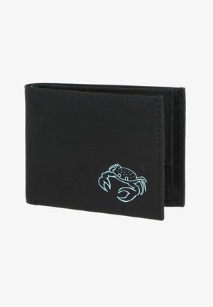 Black bifold wallet with a small light blue crab graphic on the front corner, angled to show its outer side and stitching details.