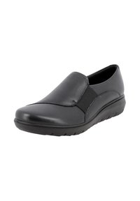 Scarpa nera slip-on realizzata in pelle liscia, con un morbido pannello elastico laterale, punta rotonda e suola in gomma testurizzata per una migliore aderenza.