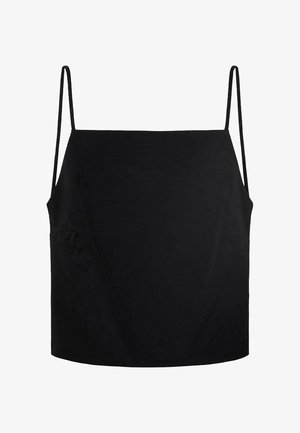 Haut sans manches noir avec des bretelles fines, fabriqué en tissu lisse. Il présente une coupe loose et deux poches latérales pour une utilité supplémentaire.