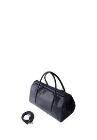 Sac à main en cuir bleu foncé avec deux poignées, accompagné d'une bandoulière assortie amovible avec boucles dorées.
